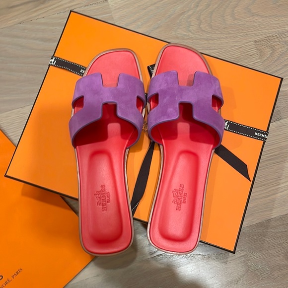 LBNIB AUTHENTIC HERMES Suede Purple & Hot Pink Orans SZ. 38.5 or 8.5 - Picture 10 of 14